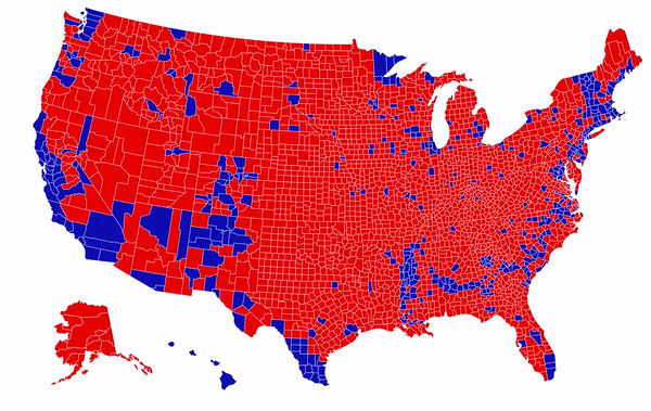 An animated gif of the 2020 election map, showing the county version (almost all red) transition into a bubble map. The effect shows the populations of voters, where many of the red counties become small red dots and the blue counties become larger blue dots. 