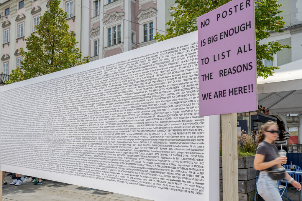 This giant poster contains the names of every public demonstration in Linz