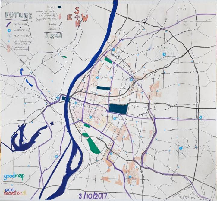 Map that depicts a dual vision of St. Louis: Past and Future in an upside-down orientation.