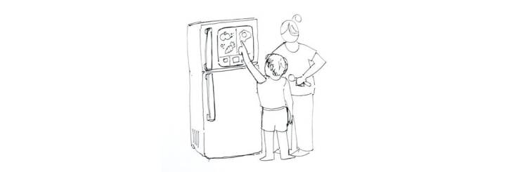 A sketch of a mother and child charting out their meals on a fridge door