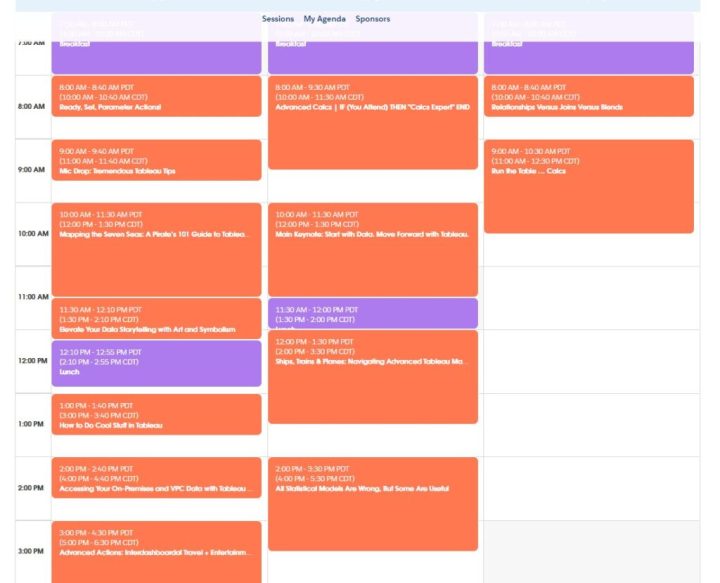 A calendar listing numerous back-to-back classes for this conference over three days--Monday to Wednesday.