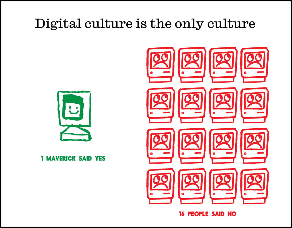Isotype chart with title Digital Culture is the only culture - 16 no, 1 yes