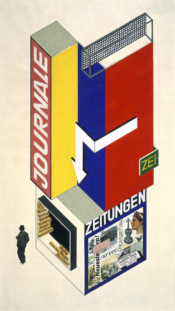 Herbert Bayer’s 1924 Design for a Newspaper Kiosk using bold primary colors and structured gridded design. Bayer was to become one of the twentieth century’s most influential graphic designers.