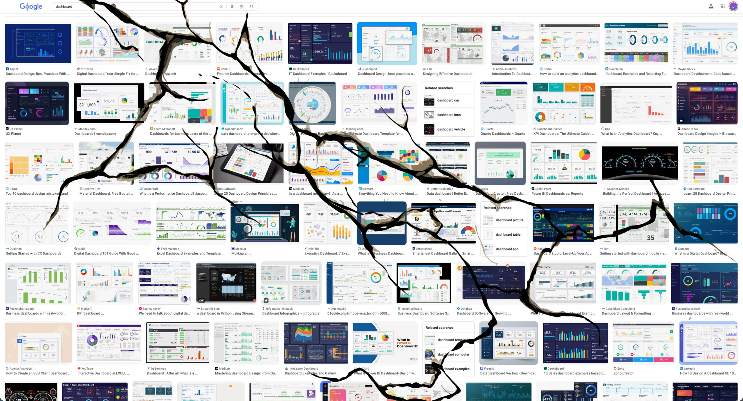 an image of google search images with a crack across it