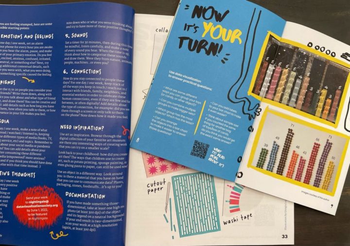 Nightingale Magazine open to the Dear Nightingale analogue visualization challenge instructions, with a copy of a kids' data visualization activity from The Kids' Table insert laying on top