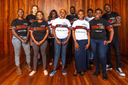 Photo of fellowship recipients posing with leaders of Baraza Media Lab and Fringe Graph (10 people).