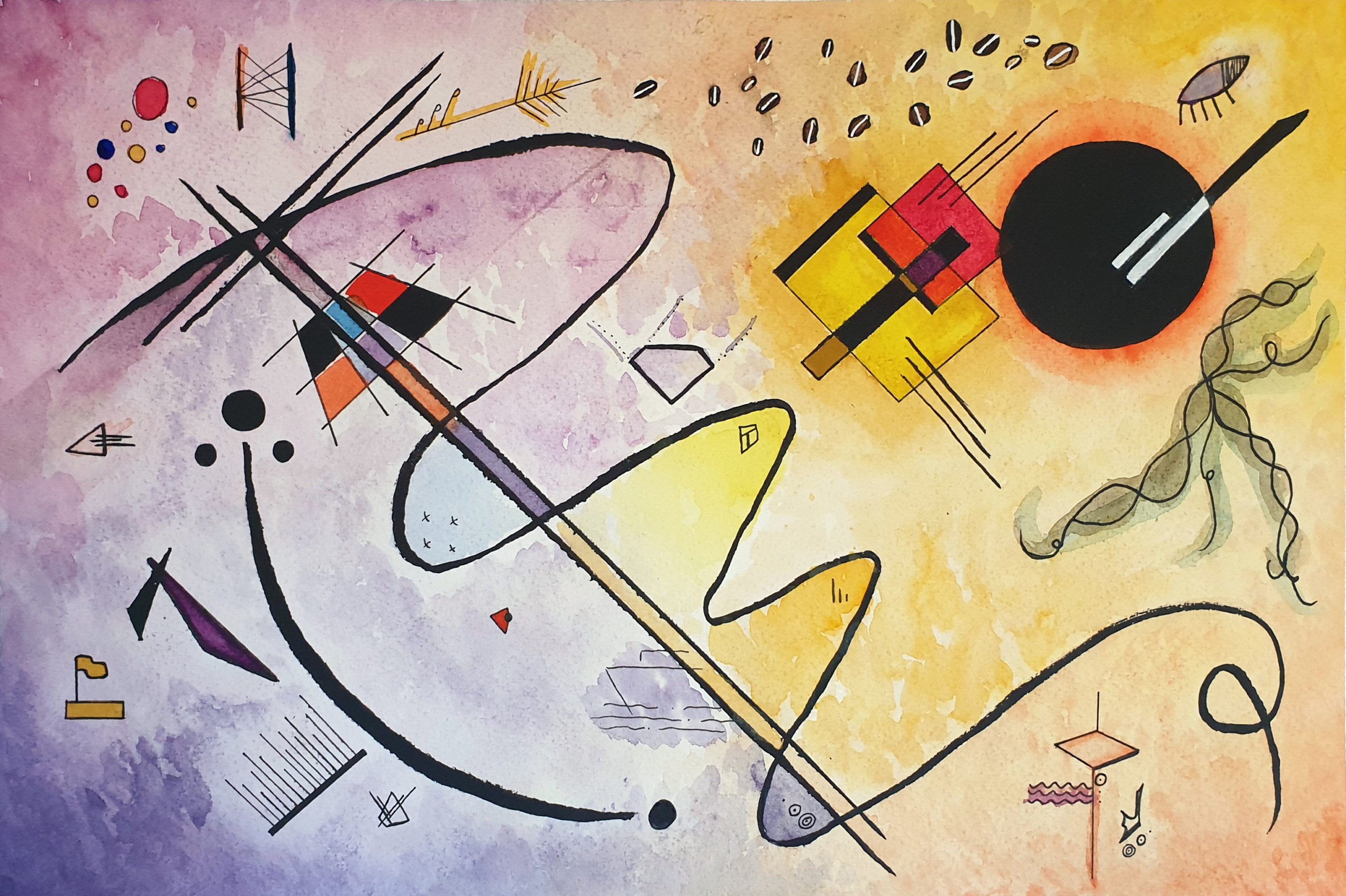 Data visualisation self-portrait. An abstract painting created by Thabata from Data Rocks, using graphite, ink and watercolours.