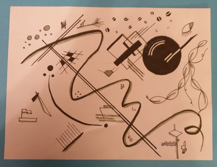 Thumbnail Sketch: Photo of the first draft of the piece, created using only inks and graphite in a small A5 piece of sketch paper.