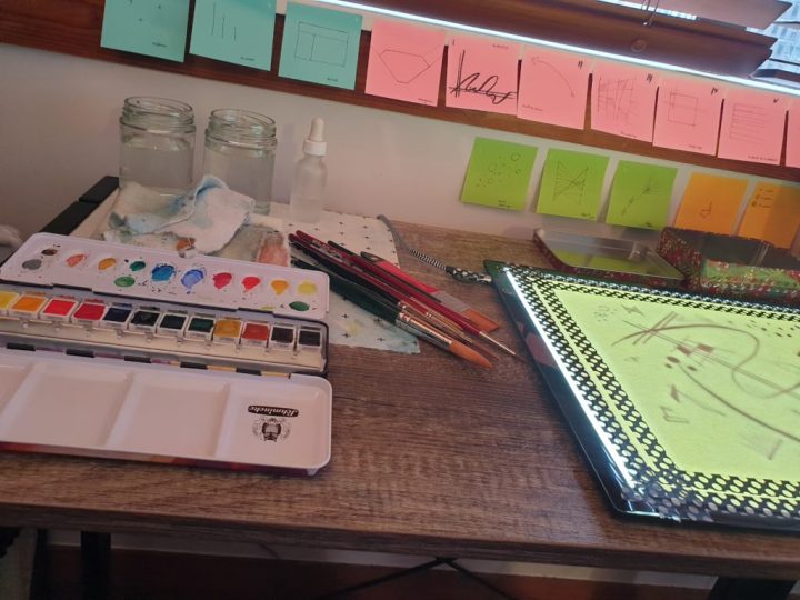 Picture of the workspace - small desk with the palette, brushes and a lightbox used in the process of tracking and painting one of the drafts into the final watercolour paper. It also shows a particle view of the many post-its containing the symbols I used to represent each theme within the painting.