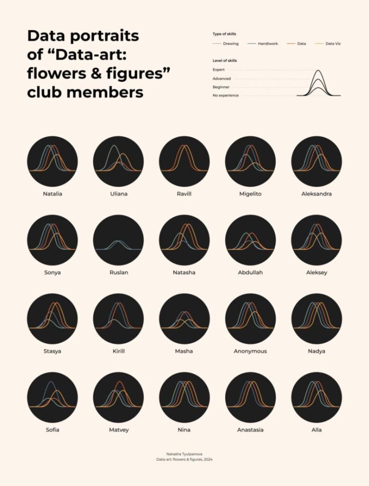 A visualization titled "Data portraits of data art: flowers & figures" club members. A collection of 20 wave visualizations represent a person individually.