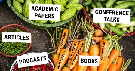 Vegetables labeled as materials we use in class like "academic papers" and "podcasts"
