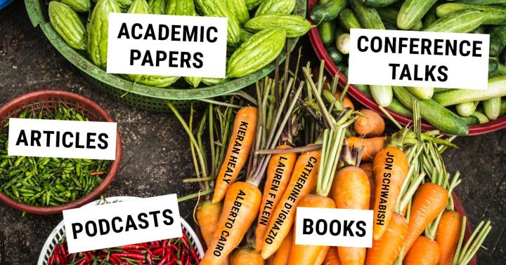 Vegetables labeled as materials we use in class like "academic papers" and "podcasts"
