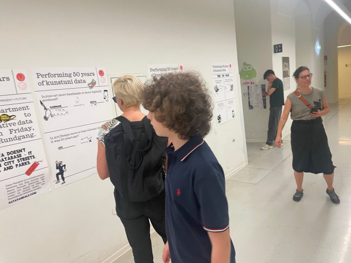 photo of the data vandals inspecting the graffitied posters in the art school with our posters