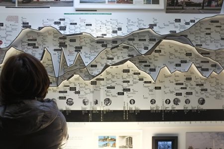 A woman stands in front of a physical data visualization.