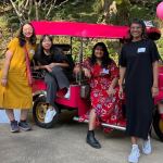 Colleagues from the Kontinentalist news site, based in Singapore, pose on a tuktuk. Co-founder Pei Ying Loh is on far left; Editorial lead Nabilah Said is on the far right.