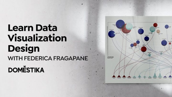 An advert for the “Learn Data Visualization Design” Domestica course by Frederica Fragapane showing the course title and an image of a data visualisation using circles of different sizes and colours connected by lines to a graph at the bottom.