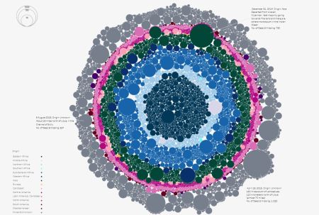 A bubble chart of migrants, where the each bubble is colored by place of origin and the size of the bubble is the number of migrants.