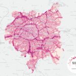 map of Paris showing noise levels in shades of pink with a decibel meter in the bottom right