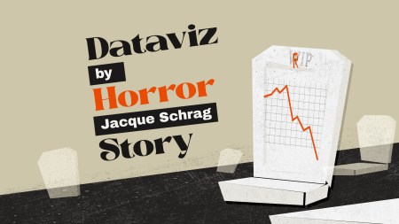Illustration of a tombstone with a line chart dropping precipitously, with the letters WIP above