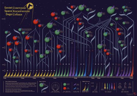A data visualisation showing the flights and fates of the Soviet Space Dogs. Each dog is represented by a circle. Circle size shows the number of flights they undertook and circle colour indicates whether they survived, while a coloured tail shows the gender of the dog. Flights are represented by triangles along a timeline at the bottom. Triangle height shows the flight altitude and triangle colour shows the rocket type used. Dogs are connected by lines to the flights that they flew on.