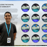 Picture of the author and an extract of the data visualization with the Data Portraits of Digital Nomads at the Bansko Nomad Fest. The visualization showcases various aspects of the nomads' preferences and backgrounds.