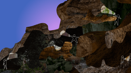 Simple cartoon outlines of people in a complex cave system. They use their smartphones as a light source to search the cave features and make sense of their surroundings.