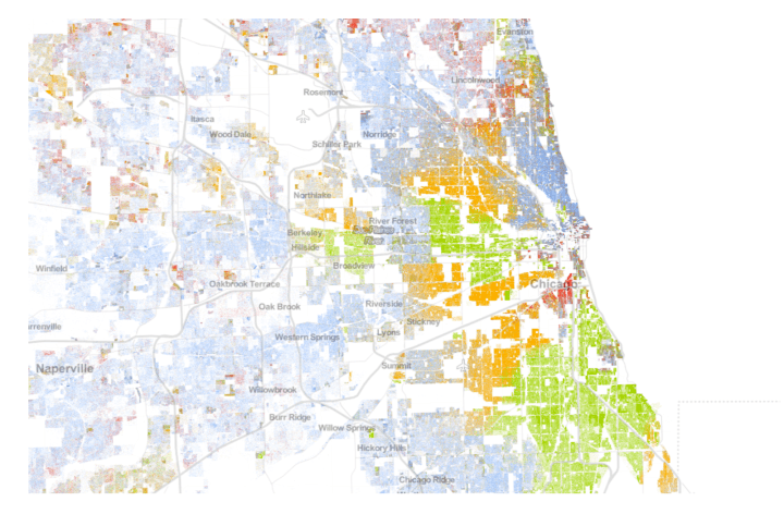 Racial dot map highlighting racial segregation in Chicagoland.