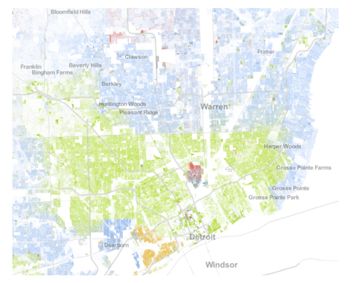 Racial dot map highlighting racial segregation in metro Detroit.