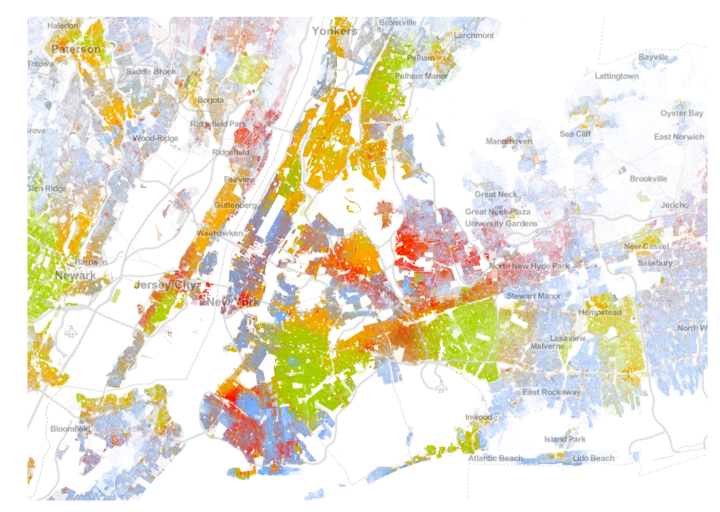 Racial dot map highlighting racial segregation in New York City.