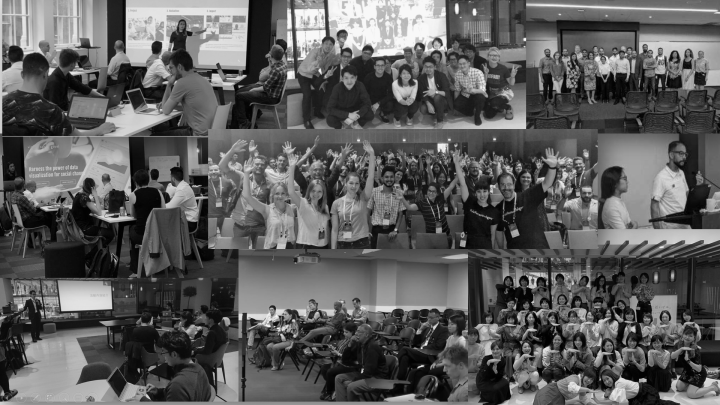 Several black and white photos of events and workshops run by Viz for Social Good.