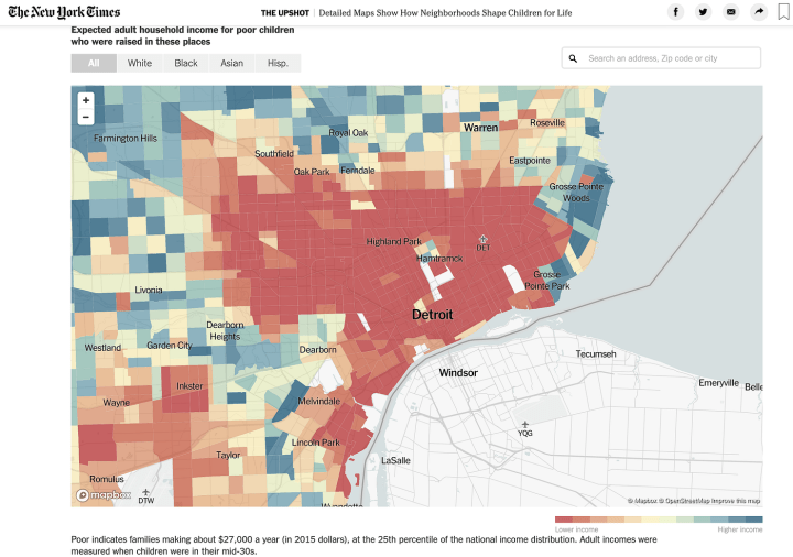 Screenshot of an interactive dataviz from the New York Times about the impact of neighborhood on opportunity.