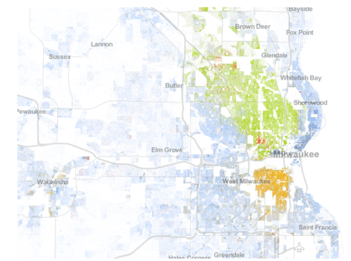 Racial dot map highlighting racial segregation in Milwaukee neighborhoods.