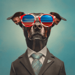 AI-generated image of a brown dog wearing a suit with sunglasses. The glasses have lenses that are shaded blue and red.