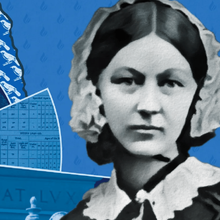 A black and white image of Florence Nightingale on a blue background.