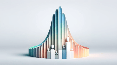 A stylized 3D representation of a data distribution, featuring a bell-shaped curve with human-like icons on top of different segments, highlighting varying demographics.