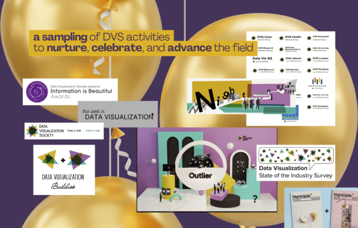 A sample of DVS activities to nurture and celebrate, including the State the Industry survey, Outlier conference, the Job Board, Data Viz Buddies, and the Information is Beautiful Awards.