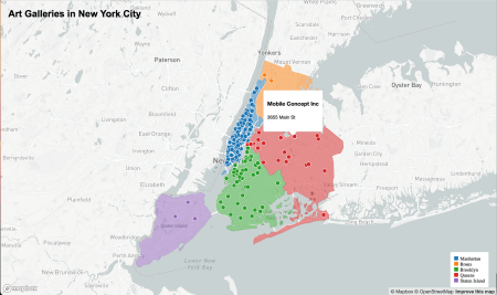 The image is a map of New York city, the the five boroughs highlighted different colors and a dot for each gallery or museum location.
