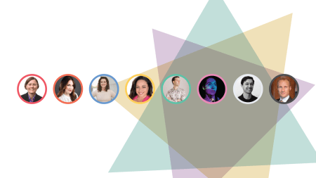 A row of headshots, each of new DVS board members, with a colored circle around each respectively. The DVS logo sits behind the headshots.