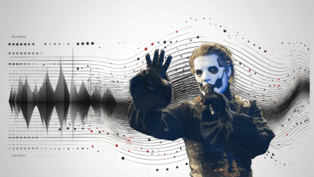 A photo of the band Ghost in front of a visual music sound wave.