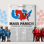 An image of a fake newspaper article that says "Mass Panic" and includes a map of red and blue states. Dogs wearing blue suits are on one side of the paper and cats wearing red are on the other.