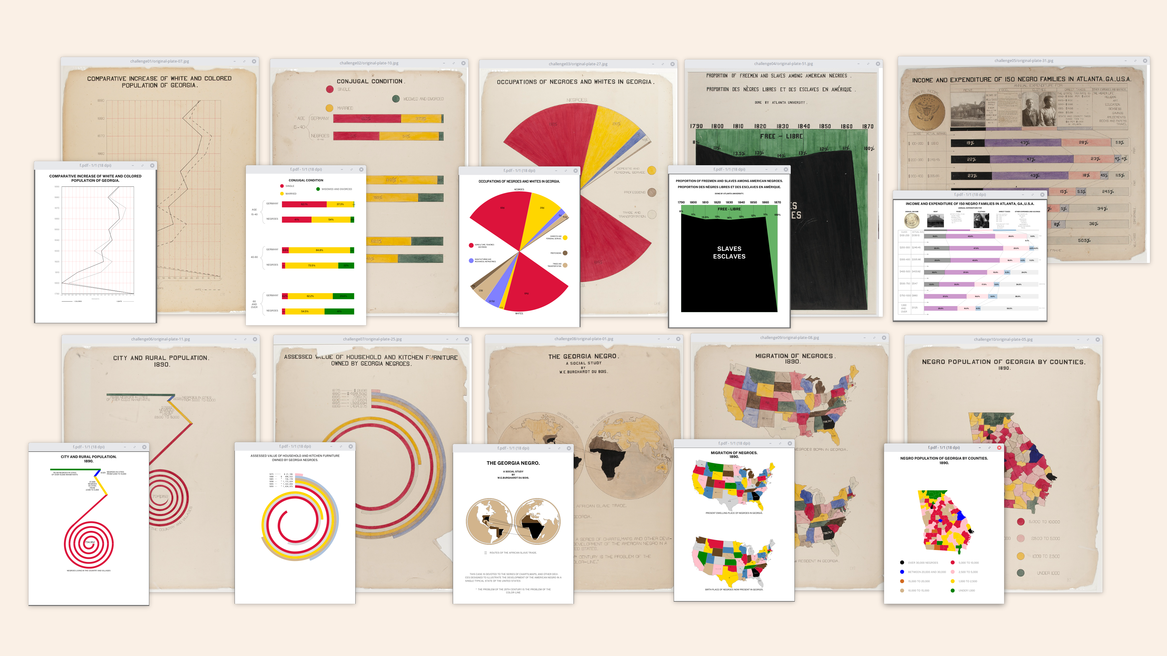 Some of W. E. B. DuBois’s original charts in the background and their #DuBoisChallenge recreations.