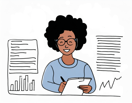 An illustration of a woman writing on a paper.