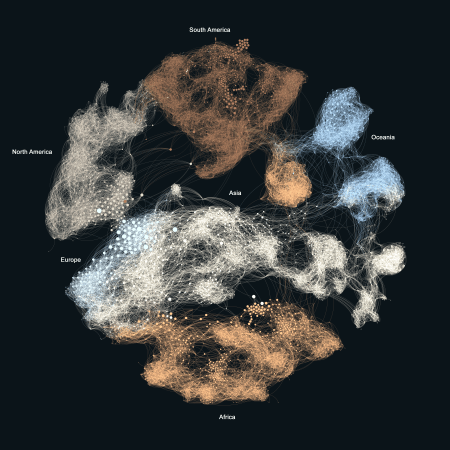 Cohabitation network (a collection of circled nodes connected by lines) where each node is a mammal. There are 5,286 nodes and 62,385 edges colored by the continent of the animal's primary habitat. The colors are shades of browns, blues and grays. The nodes are more clustered by color here than in the country-level network.