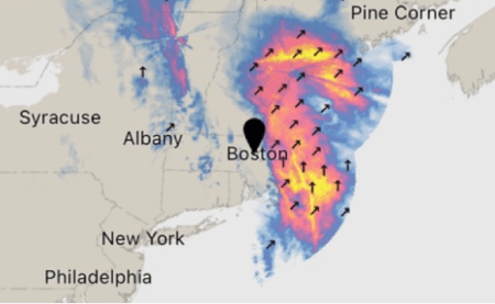 An illustrated storm system moving over New England.