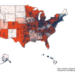 A map of the continental United States colored in shades of red with several dark blue dots where cities exist.