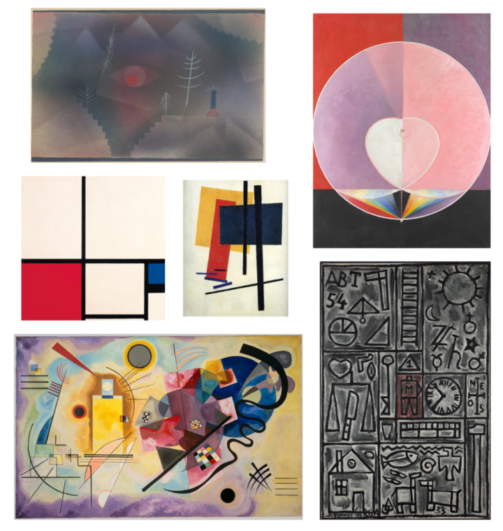Moodboard containing the following art pieces, used as reference and inspiration, from the top left: 1. "Glance of a Landscape," by Paul Klee, 1926; 2. "Dove No. 2" by Hilma af Klint, 1915; 3. "Composition in Colours" / "Composition No. I with Red and Blue," by Piet Mondrian, 1931; "Suprematism 4" by Kazimir Malevich, 1915; 4. "Gelb-Rot-Blau" ("Yellow-Red-Blue," by Vassily Kandinsky, 1925; 5. "Constructivo en Gris y Negro con Centro Rojo," by Joaquín Torres-García, 1933.