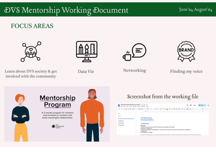 A "DVS Mentorship Working Document" displays focus areas with icons and includes a mentorship program graphic from DVS website alongside a screenshot of a working document.