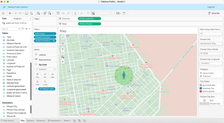 A Tableau Public viz interface displays a San Francisco map with a selected area highlighted, showing public art locations around that area.