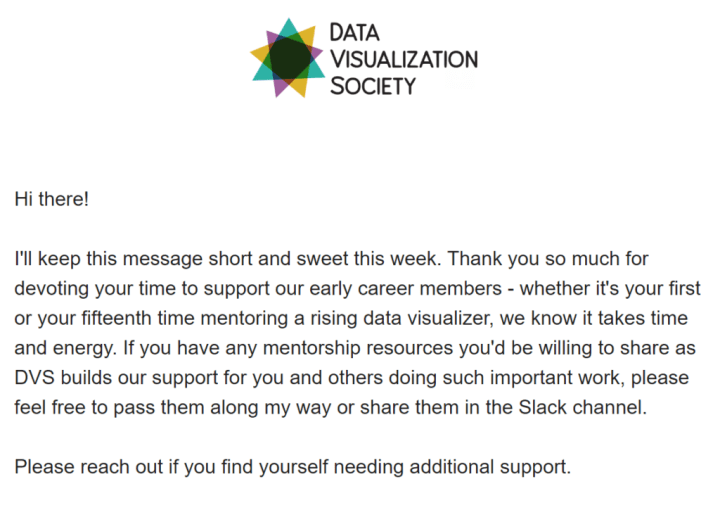 An email from the Data Visualization Society thanking a mentee for their involvement and outlining various supports.