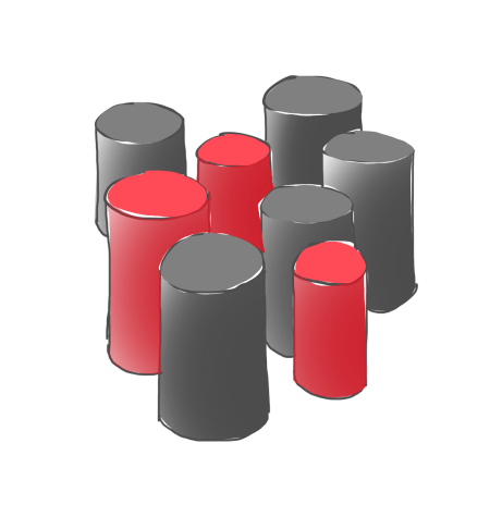 A simple sketch with 3D columns, 3 red and 4 black, grouped loosely together with some in front of others.